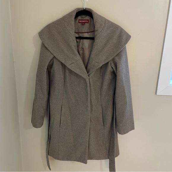 𝅺🎀 Merona Wool Blend Belted Waterfall  Pea-Coat, Beige, Size M - Picture 3 of 10